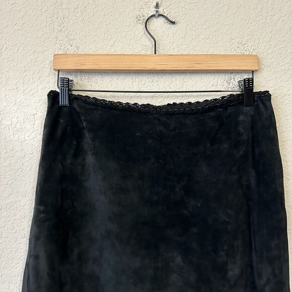 SAO PAULO Suede Midi Skirt Black Crochet Trim Retro Gothic 90s - Picture 3 of 11